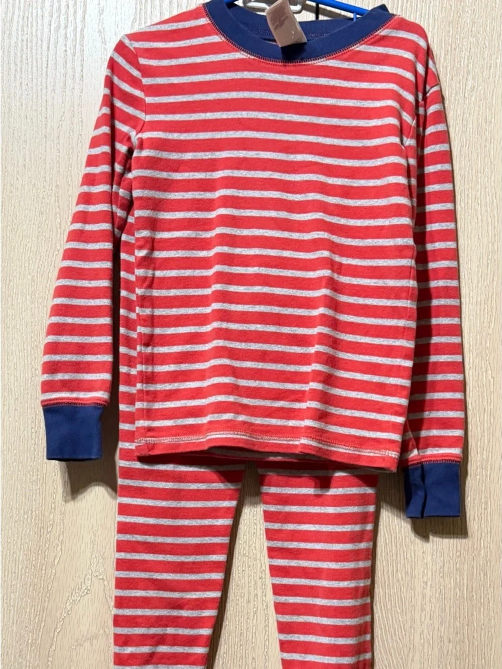 Mini Boden Red & Gray Striped Pajama Set with Navy Cuffs